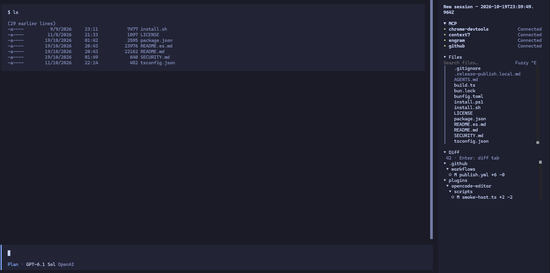 OpenCode conversation on the left, with Files, Fuzzy search and the Diff tree on the right.