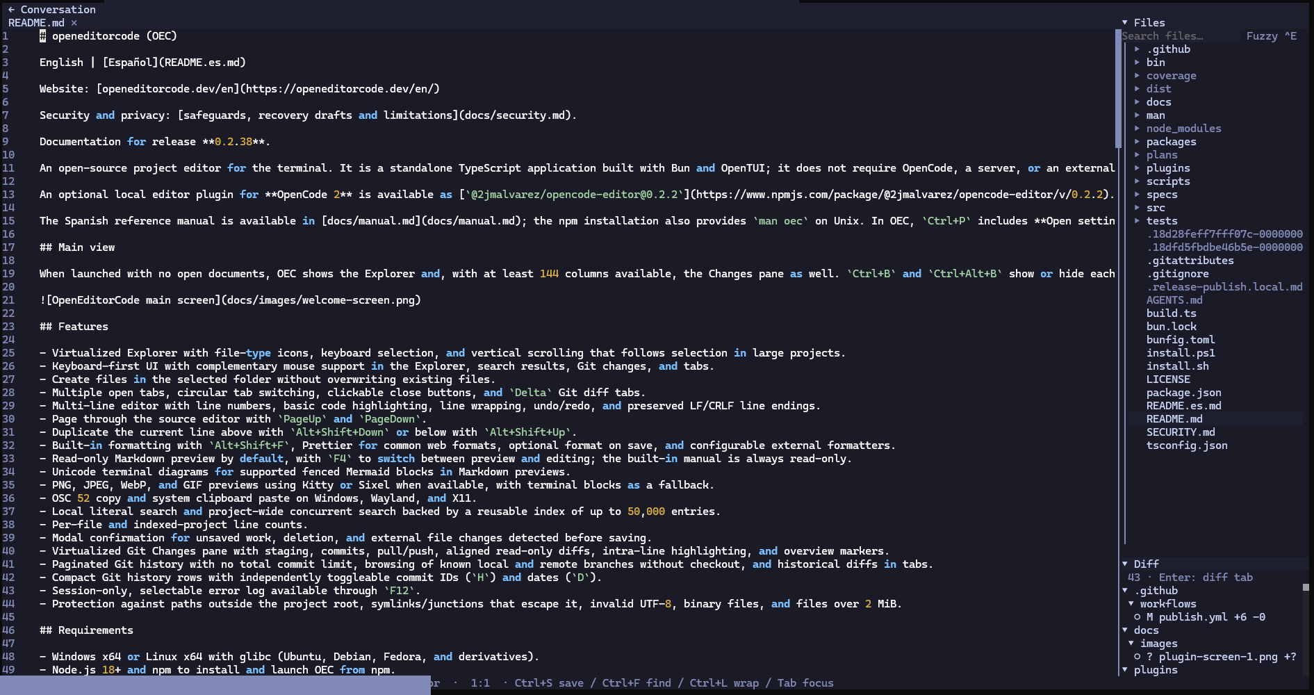 OEC editor inside OpenCode with README in source view, its own document tab, Files explorer and Diff tree.