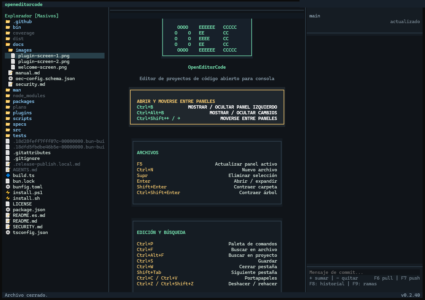 Standalone OEC 0.2.40 welcome screen, with the left explorer, central keyboard guide and right Git pane.